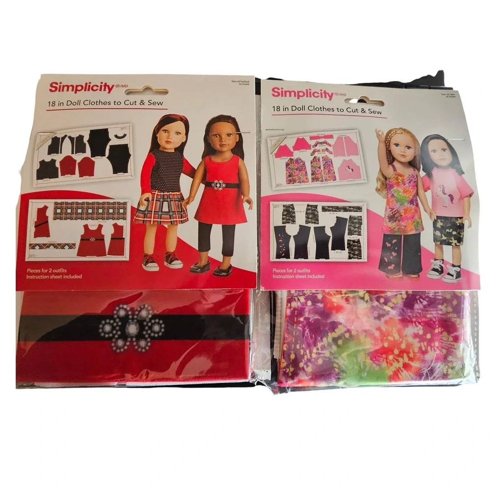 Simplicity 18 in Doll Clothes Cut & Sew Fabric Kit Lot of 2 Plaid Camo Tie-Dye